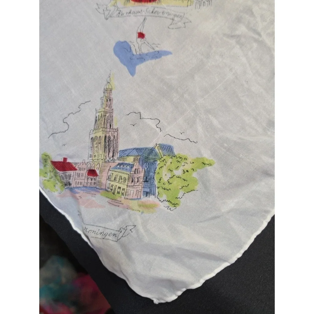 Vintage Souvenir Scarf Holland Windmill Dutch Landmarks Travel Collectible Retro